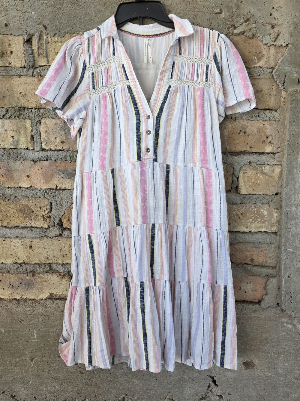 By Anthropologie Striped V-Neck Tiered Dress Lace Accents S